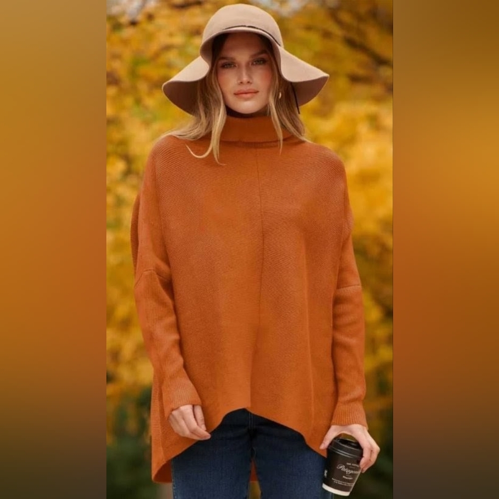 Anrabess Orange Rust Oversized Batwing Sleeve Knit Turtleneck Sweater Size Large